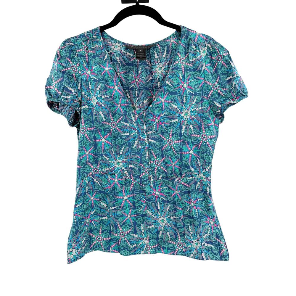 MARC JACOBS Top Size 2 100% Silk Blue Artistic Print Blouse Short Sleeve